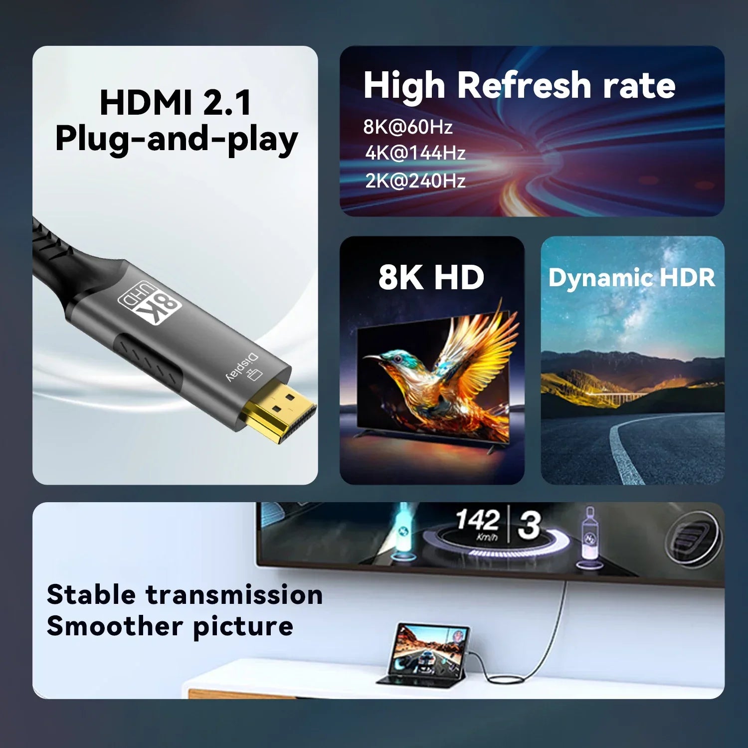 Black usb-c hdmi adapter cable 8k 60hz with gold-plated connector supports 4k 120hz high refresh rate transmission