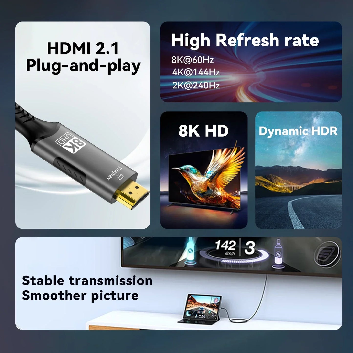 Black usb-c hdmi adapter cable 8k 60hz with gold-plated connector supports 4k 120hz for macbook air and ipad