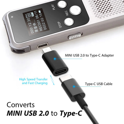 Silver digital voice recorder with black display connected to black usb c to mini usb adapter for gopro hero mp3 dash cam use