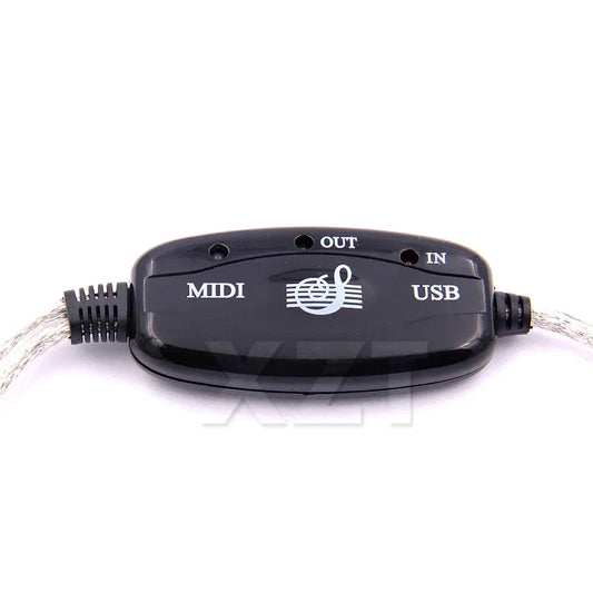 Black midi usb interface with silver labeling and musical note logo midi converter adapter cord for electronic organ music