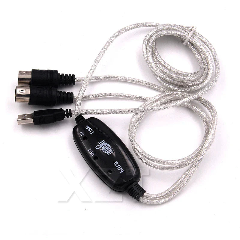 Black usb midi converter with silver braided cables and two 5.5mm jacks adapter cord for electronic organ music audio