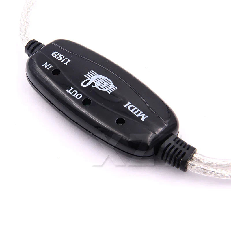 Black plastic midi converter with usb port and led adapter cord for electronic organ music on pc and keyboard
