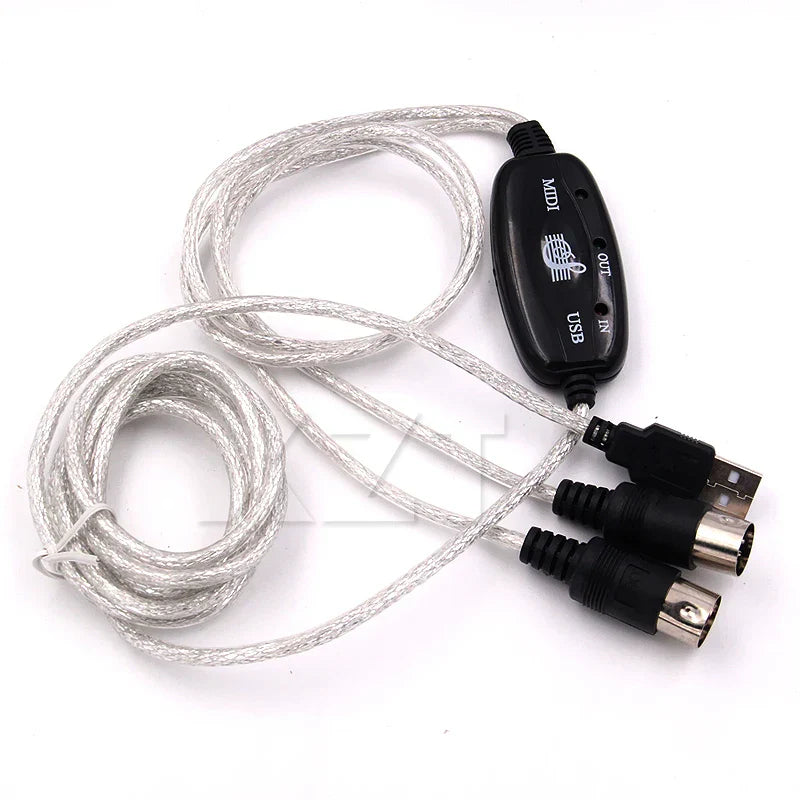 Silver braided usb midi converter cable with black control module featuring labeled ports and led adapter cord for electronic organ music