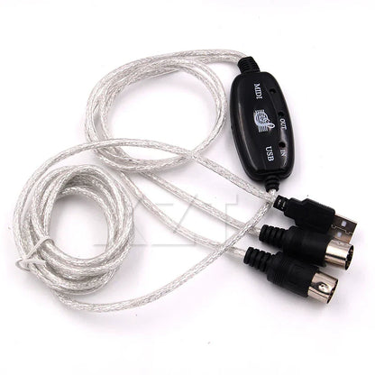 Silver braided usb midi converter cable with black control module featuring labeled ports and led adapter cord for electronic organ music