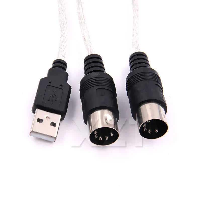 Usb cable midi converter with black usb-a and two male db9 serial connectors for electronic organ music adapter cord