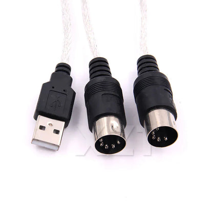 Three usb connectors with black plastic and metal contacts for midi converter and led adapter cord for electronic organ music