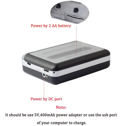 Black and silver portable usb cassette capture radio player with two aa battery compartments and mp3 converter capture function