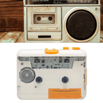 Clear plastic usb cassette converter tape player with orange accents and visible internal components for mp3 music