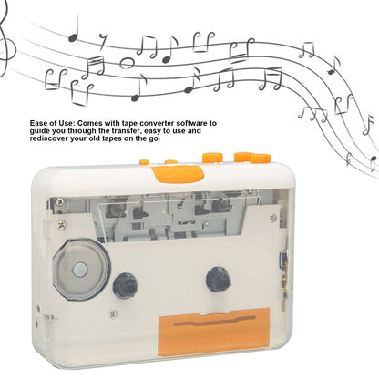 White and orange usb cassette converter with transparent panel showing internal mechanisms for portable music tape player