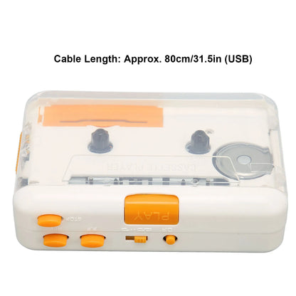 White and orange usb cassette converter with transparent casing portable music tape player for ipod and pc use