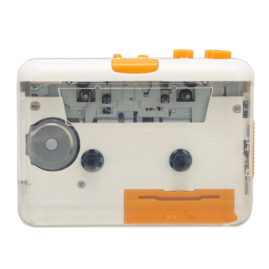 White and orange usb cassette converter with transparent casing revealing internal mechanisms for music tape player use