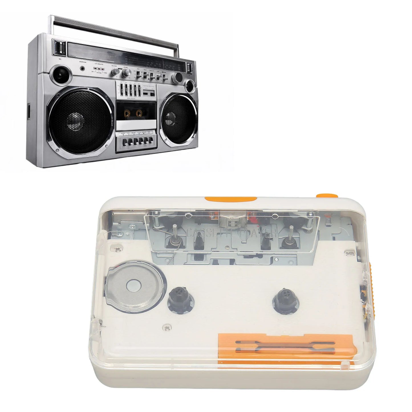 Silver and black retro-style usb cassette converter portable music tape player with dual speakers and orange accent handle