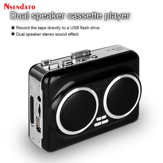 Black nsendato usb cassette player with dual circular speakers and silver accents mp3 converter plug for pc use