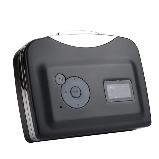 Black plastic usb cassette player with silver buttons and small screen for mp3 recording music to flash drive adapter