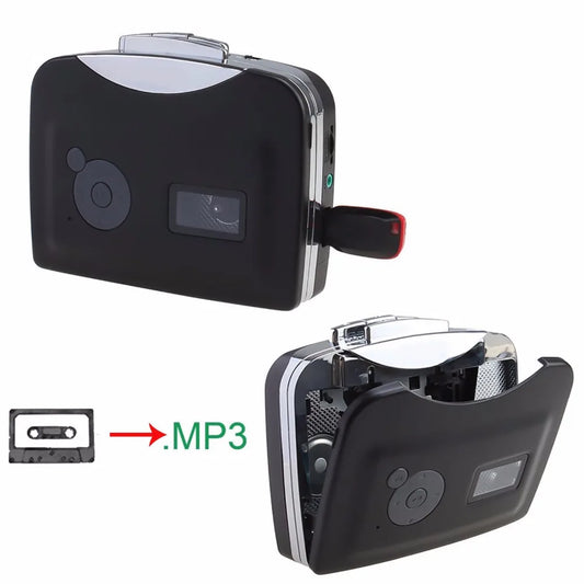 Black and silver usb cassette tape player with flash drive adapter for mp3 recording music conversion from analog tapes