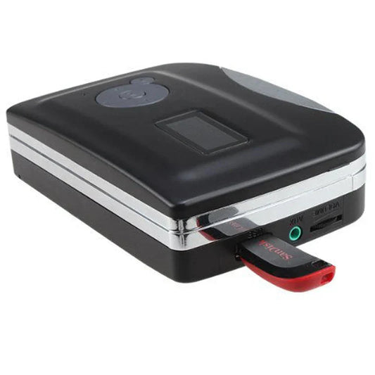 Black and silver usb cassette tape player with red sandisk flash drive adapter for mp3 recording music