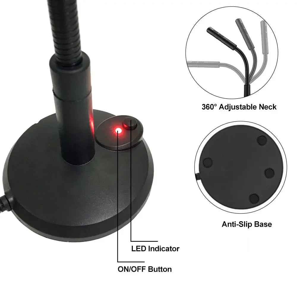 Black usb computer microphone with 360° adjustable neck and anti-slip base for home studio podcasting and gaming
