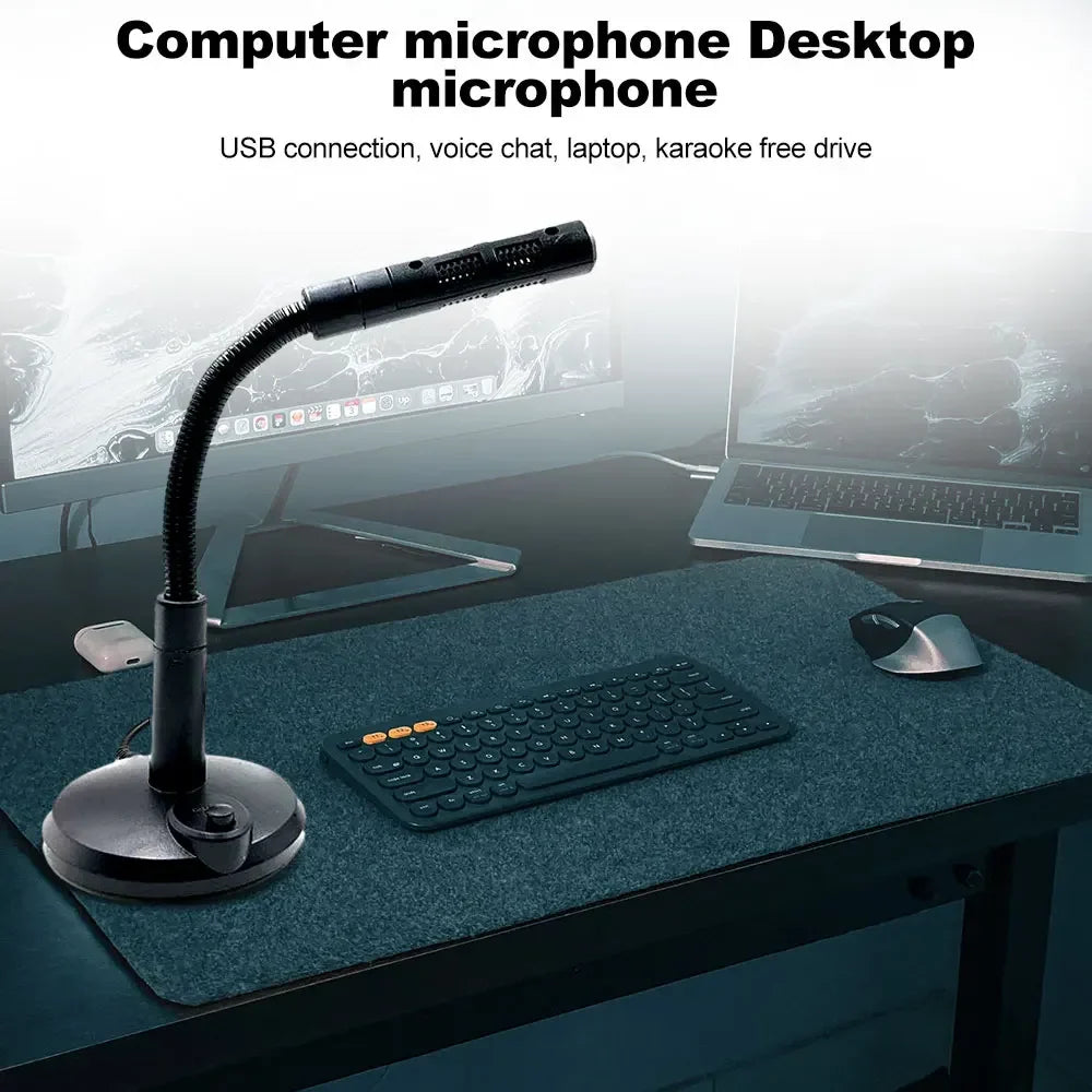 Black usb computer microphone with flexible gooseneck arm and circular base for home studio podcasting gaming