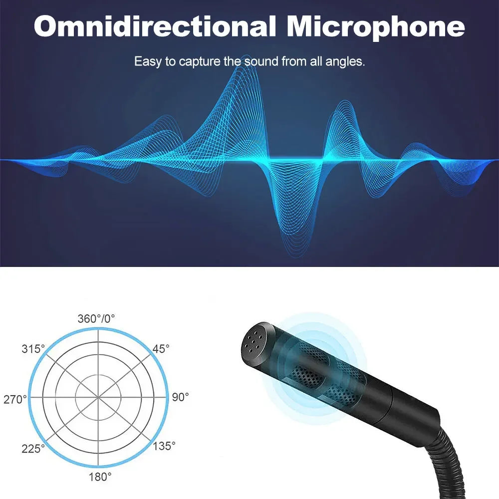 Black usb computer microphone with flexible gooseneck and perforated grille for home studio podcasting gaming use