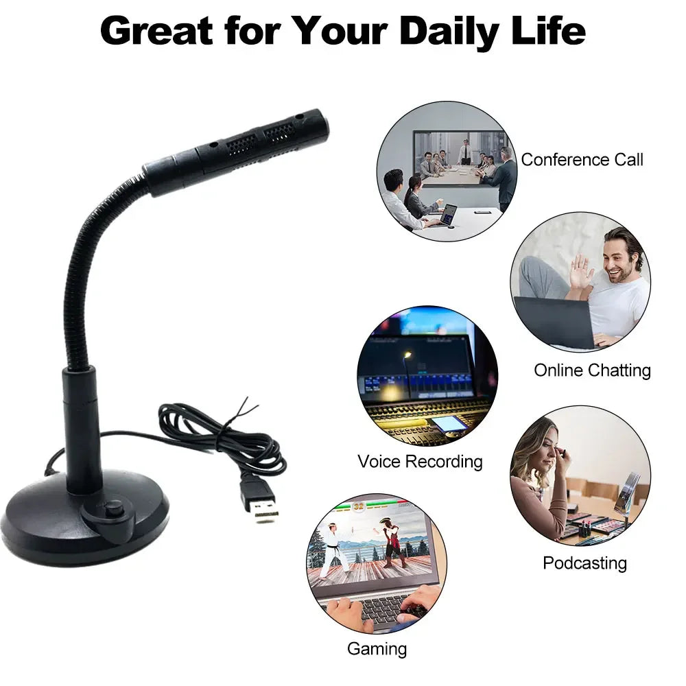 Black gooseneck usb computer microphone with textured grille for home studio podcasting gaming and online chatting
