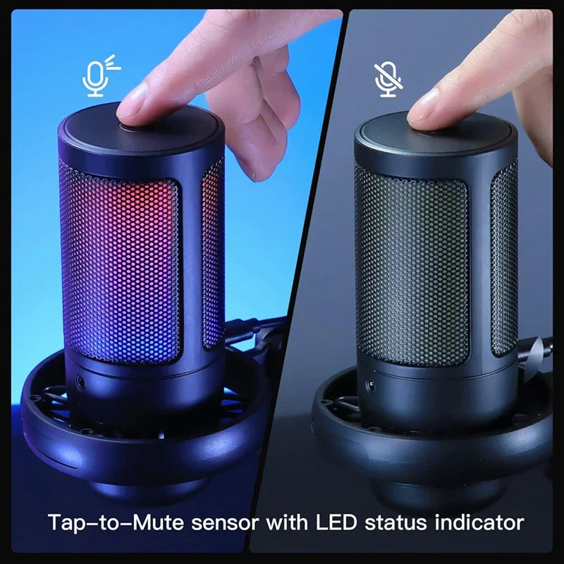 Black usb condenser metal microphone with mesh grille and rgb led indicator for professional recording streaming and desktop podcast microphone