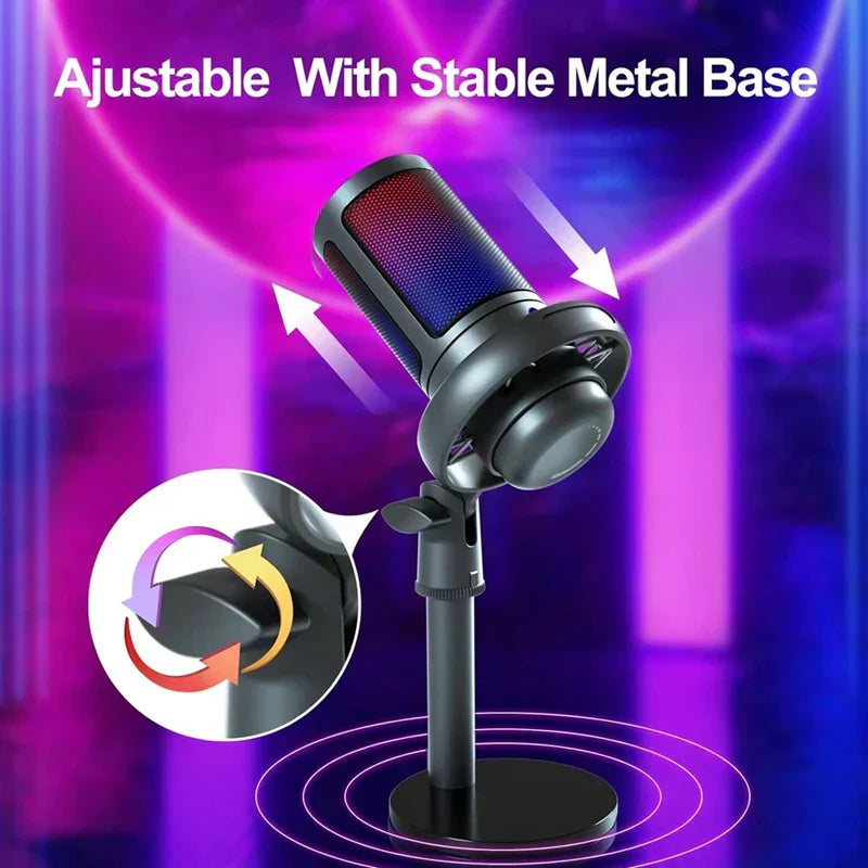 Black usb condenser metal microphone with mesh grille and adjustable stand for professional recording streaming and desktop podcast microphone