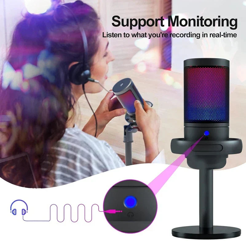Black usb condenser metal microphone with perforated grille and rgb lighting for professional recording streaming desktop podcast use