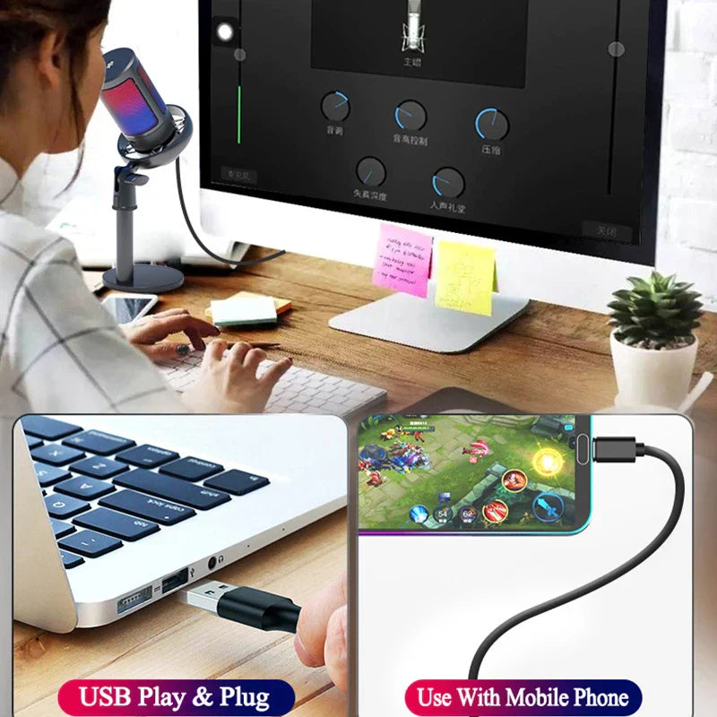 Black usb cable with standard connector shown connecting smartphone and laptop for professional recording usb condenser metal microphone rgb light desktop use