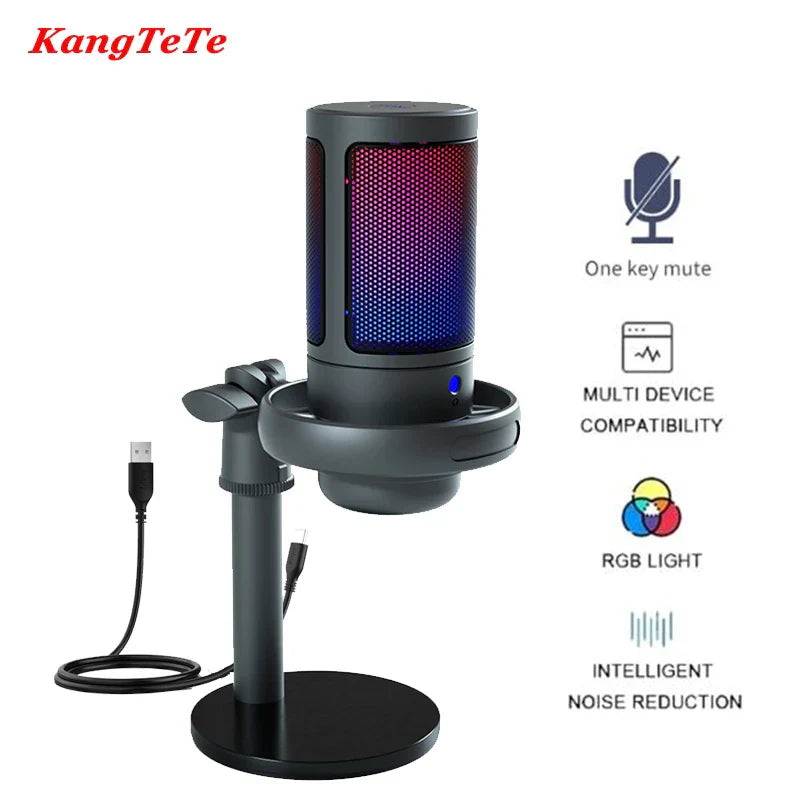 Black usb condenser metal microphone professional recording with rgb light desktop mesh grille on matching stand