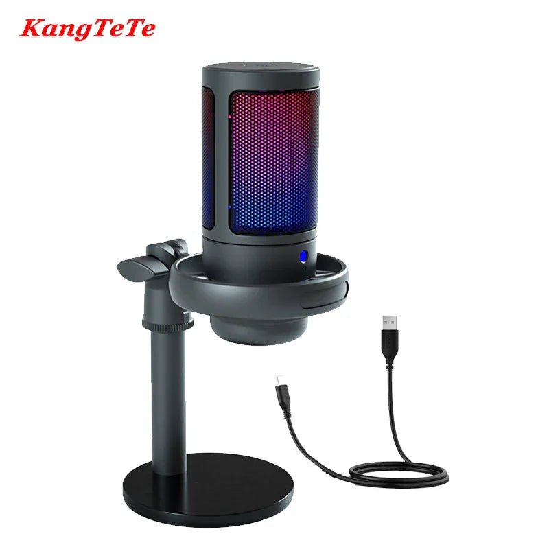 Black kangtete usb condenser metal microphone professional recording with rgb light desktop stand and cable included