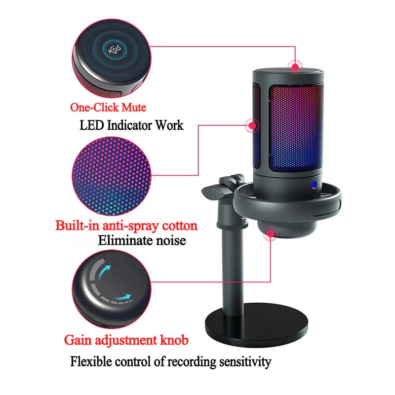 Black usb condenser metal microphone professional recording with rgb light desktop and built-in mute gain adjustment