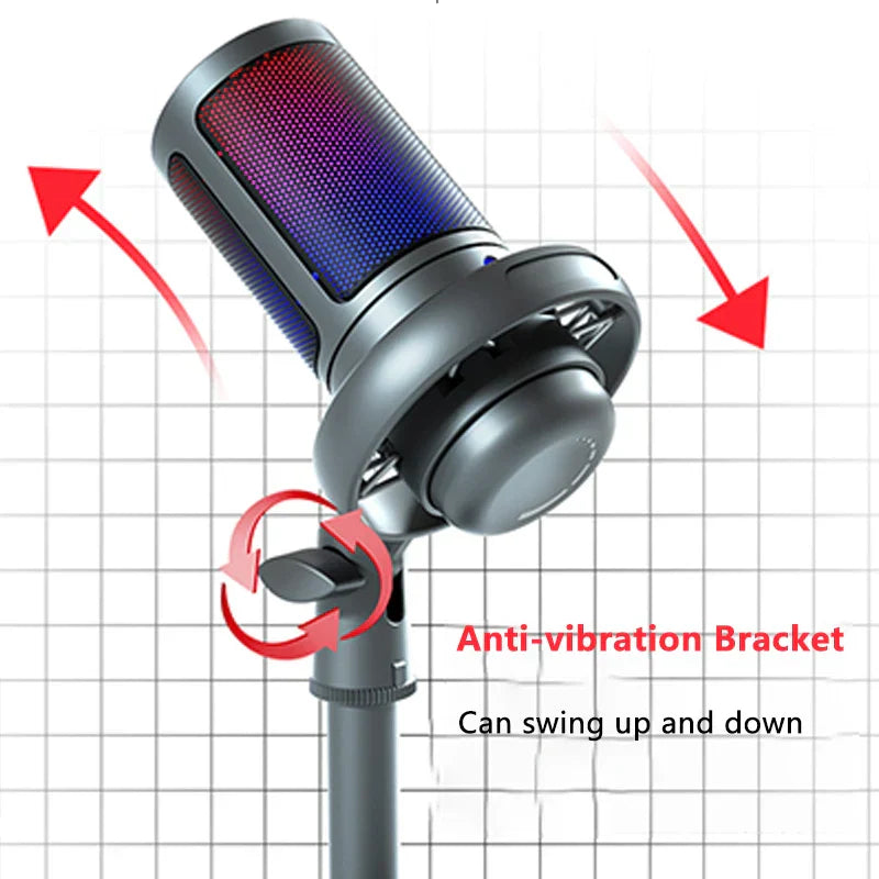 A sleek black usb condenser metal microphone professional recording with rgb light desktop grille on anti-vibration bracket