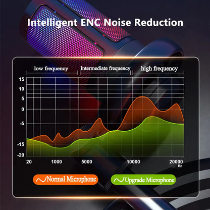 A sleek usb condenser metal microphone professional recording with vibrant purple black grip and rgb light desktop use