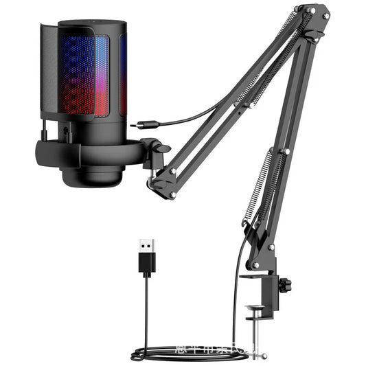 Black usb condenser microphone with colorful rgb lighting and metal boom stand for esports and studio recording