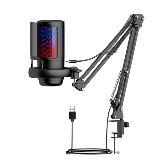 Black usb condenser microphone with colorful led-lit grille mounted on adjustable metal boom stand for esports recording