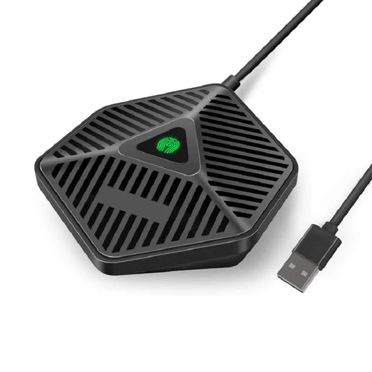 Black hexagonal usb conference microphone with glowing green fingerprint icon omnidirectional microfone condenser desktop mic