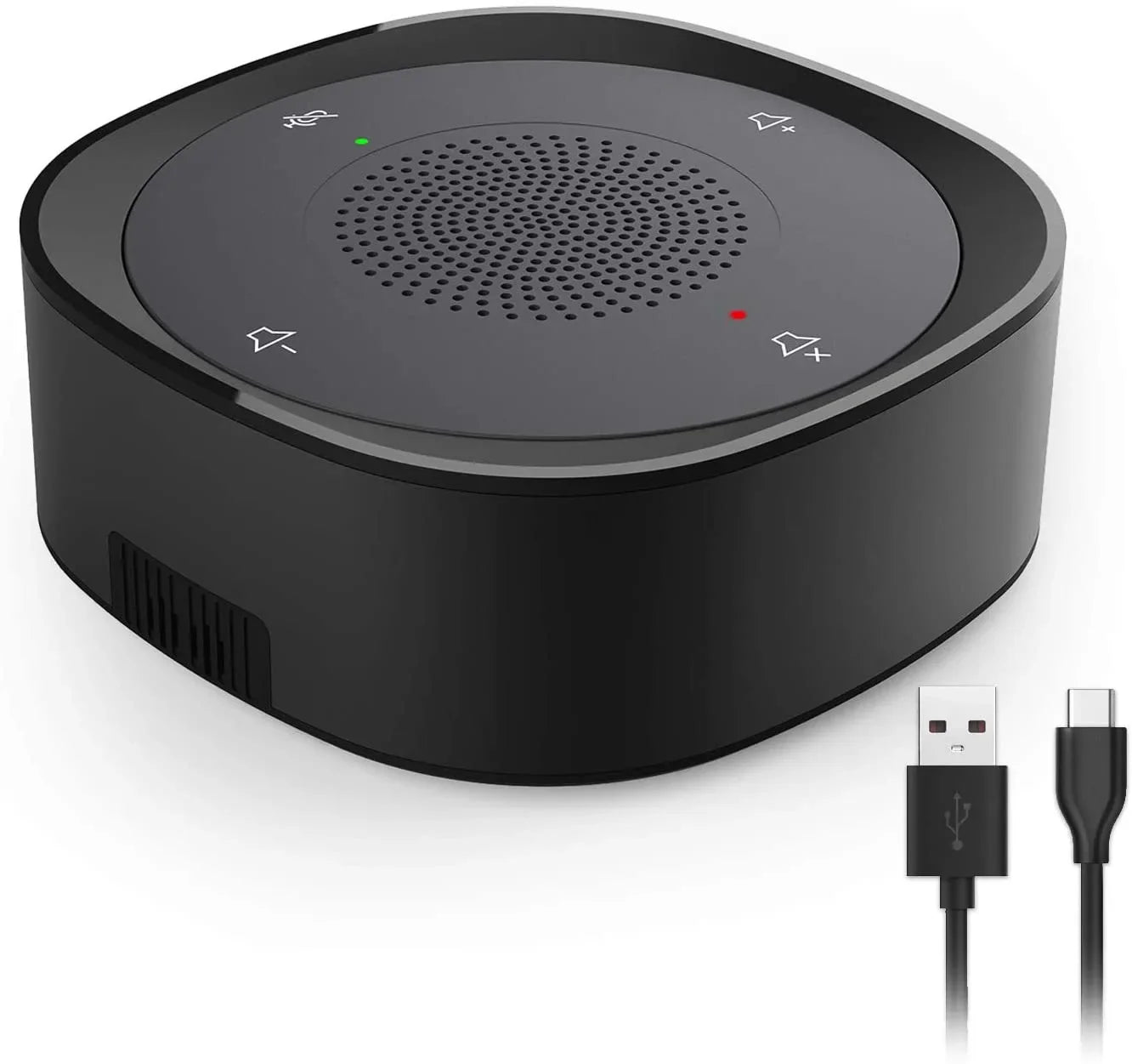 Black circular usb conference speaker microphone with tactile control buttons and usb-c charging cable for laptop use