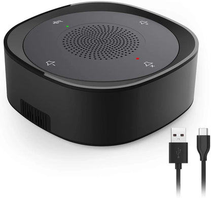 Black circular usb conference speaker microphone with tactile control buttons and usb-c charging cable for laptop use