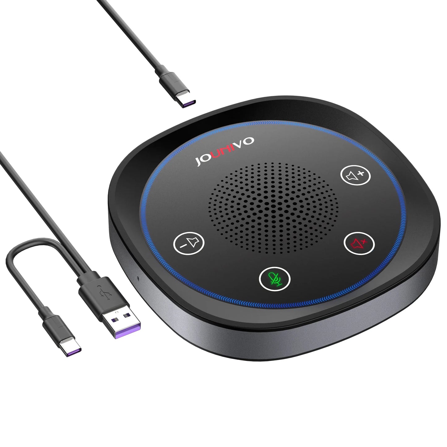 Black jowvo usb wired conference speaker microphone with circular design blue led ring and four control buttons for laptop