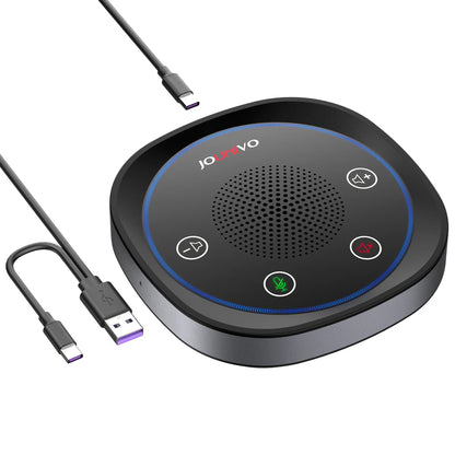 Black jowvo usb wired conference speaker microphone with circular design blue led ring and four control buttons for laptop