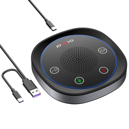Black jowvo usb wired conference speaker microphone with circular design blue led ring and four control buttons for laptop