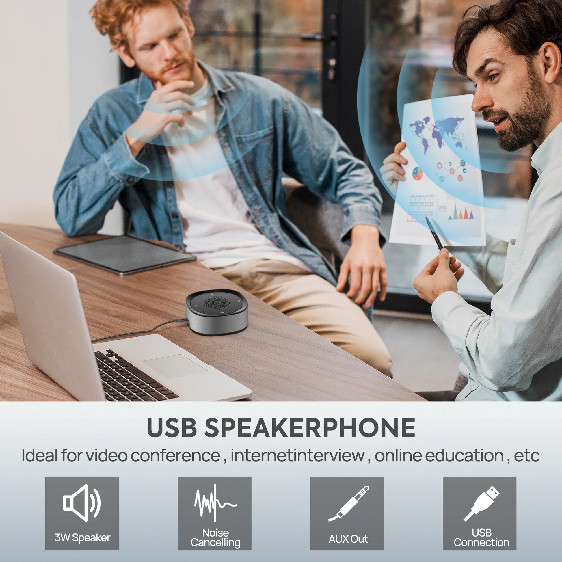 Black cylindrical usb conference speaker microphone with matte finish and circular grille for high volume pickup