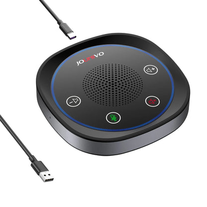 Black jouvo usb conference speaker microphone adapter with blue led ring and four control buttons for laptop use