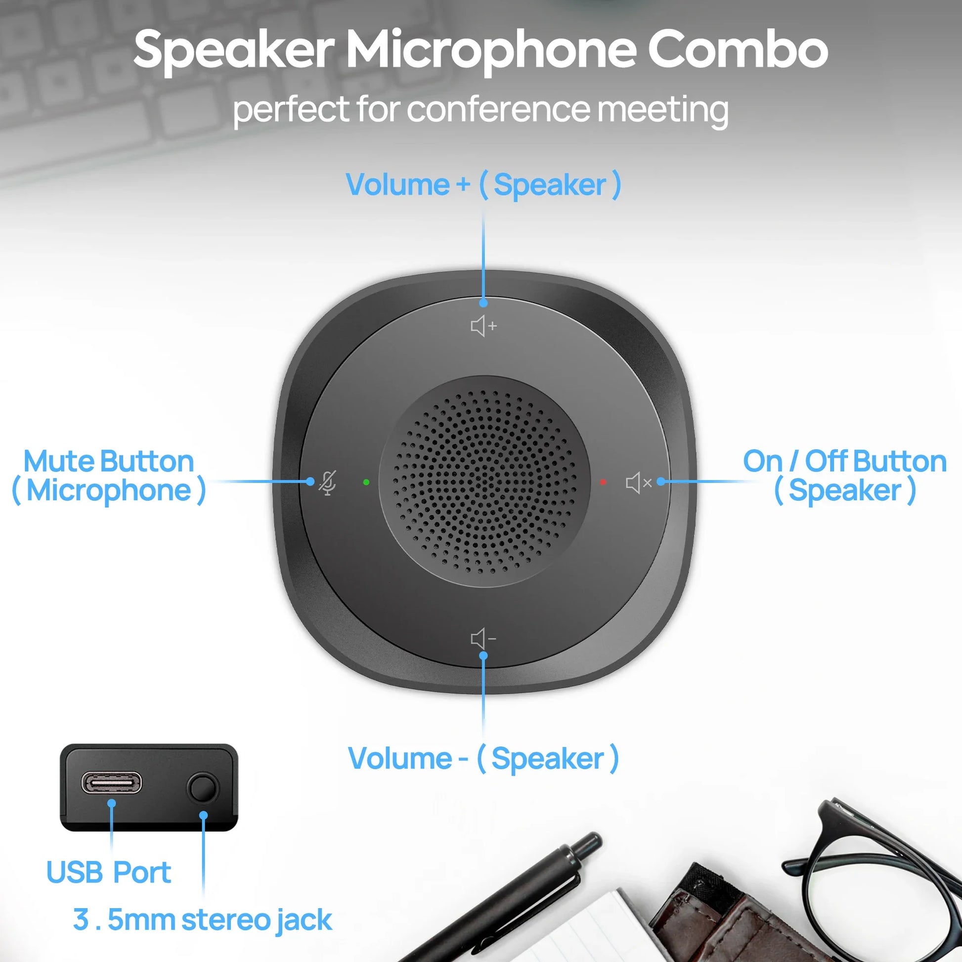 Black rectangular usb conference speaker microphone combo with circular design and volume mute buttons for laptop use