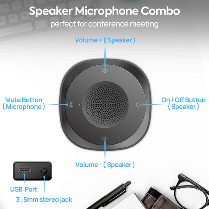 Black rectangular usb conference speaker microphone combo with circular design and volume mute buttons for laptop use