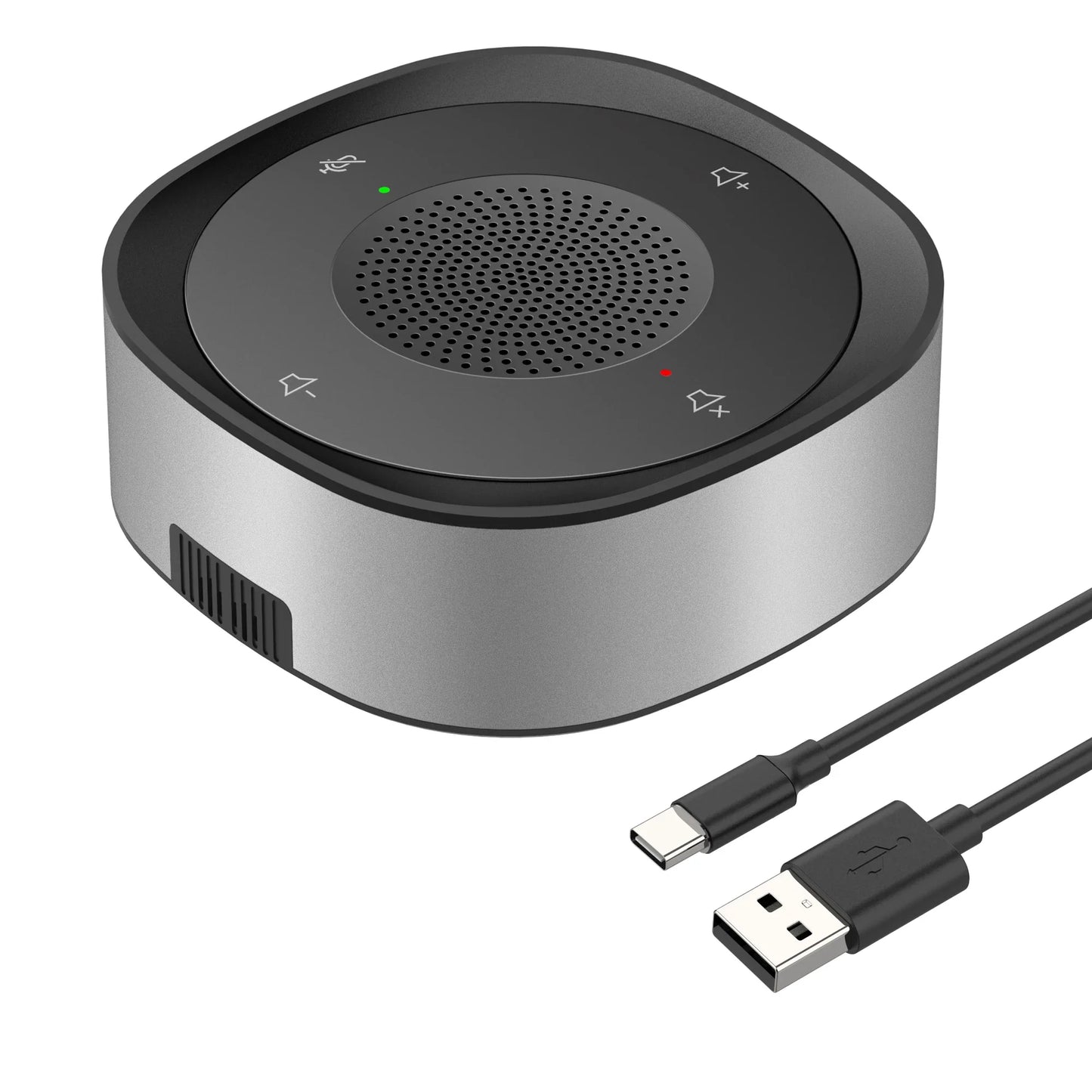 Modern silver and black cylindrical usb conference speaker microphone with matte finish and circular touch controls on top