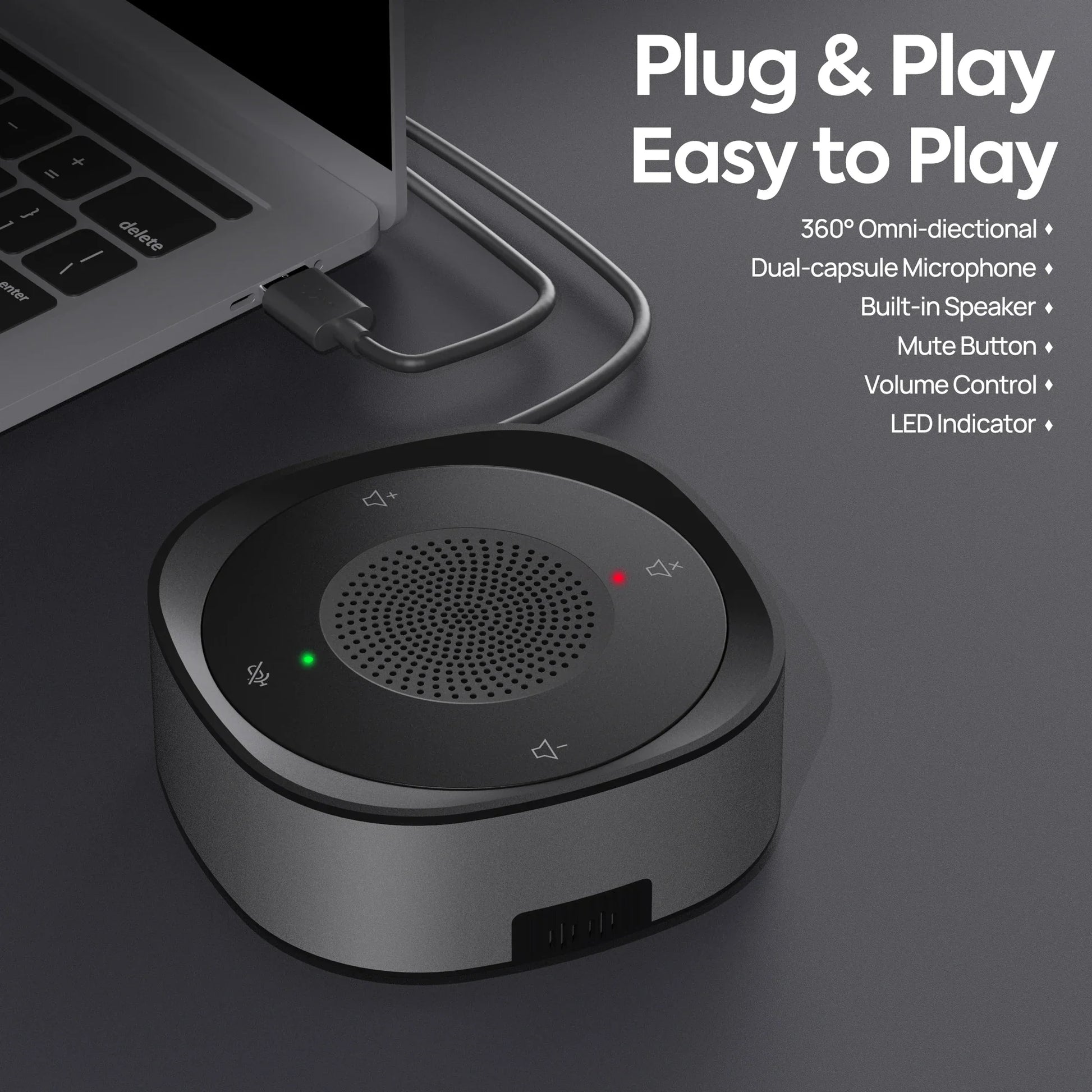Silver and black cylindrical usb conference speaker microphone with built-in mic volume controls and 360-degree sound