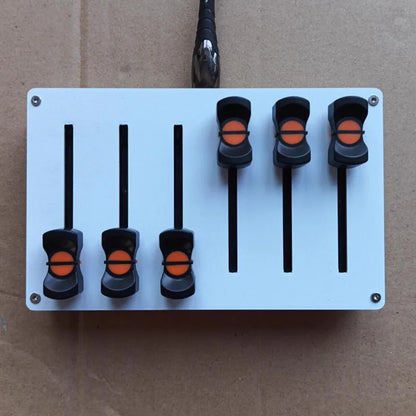 White rectangular midi fader controller featuring custom cc mapping with three toggle switches and ergonomic orange buttons for type beat music