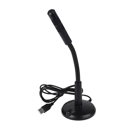 Black desktop usb microphone with flexible gooseneck and perforated head for omnidirectional pc laptop gaming recording chatting