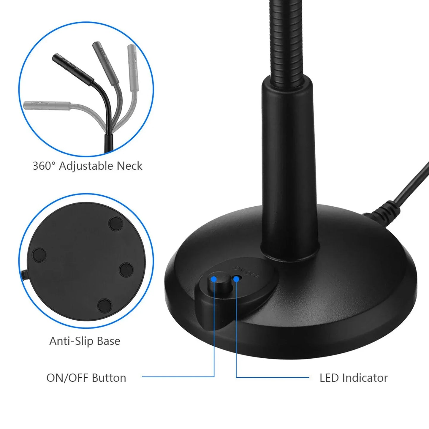 Black usb desktop microphone with 360° adjustable neck and anti-slip base for gaming recording chatting on pc laptop